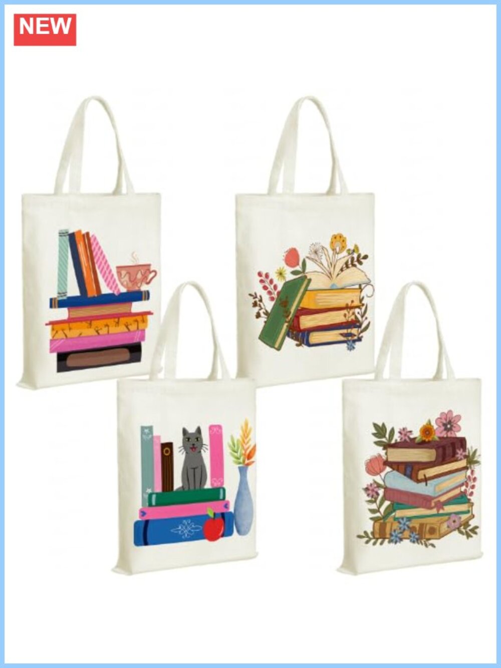 4 Pcs Canvas Tote Bags with Inner Pocket and Zipper for Books Shopping